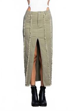 NEW NO VACANCY kristi frayed midi skirt with center slit in olive